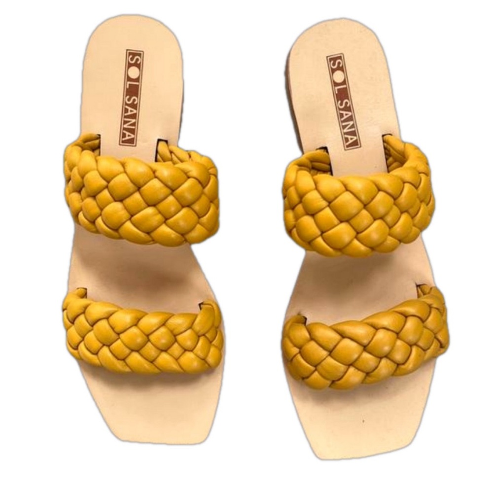 SOL SANA Yellow Braided Double Band Slip On Flat Slide Sandal Summer Chic